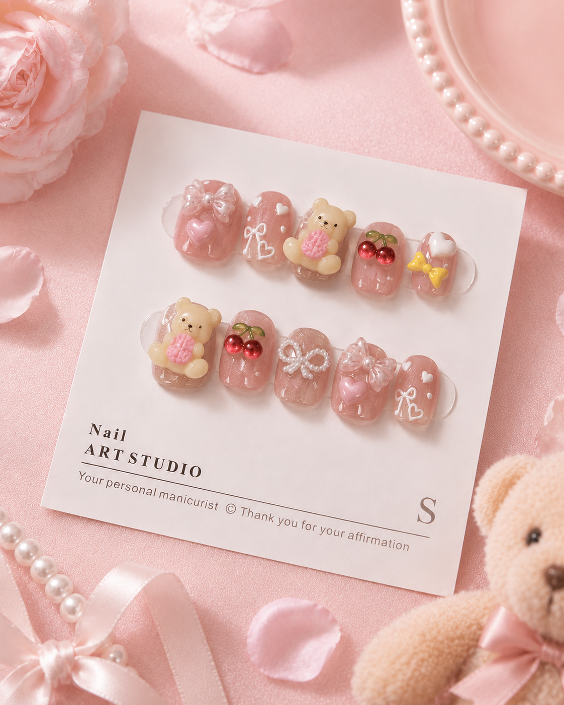Handmade 3D Pink Teddy Press-On Nails No.2