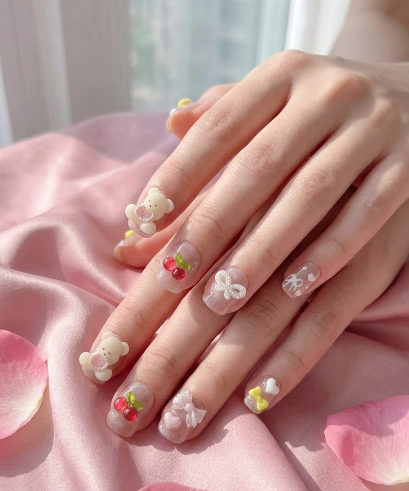 Handmade 3D Pink Teddy Press-On Nails No.2