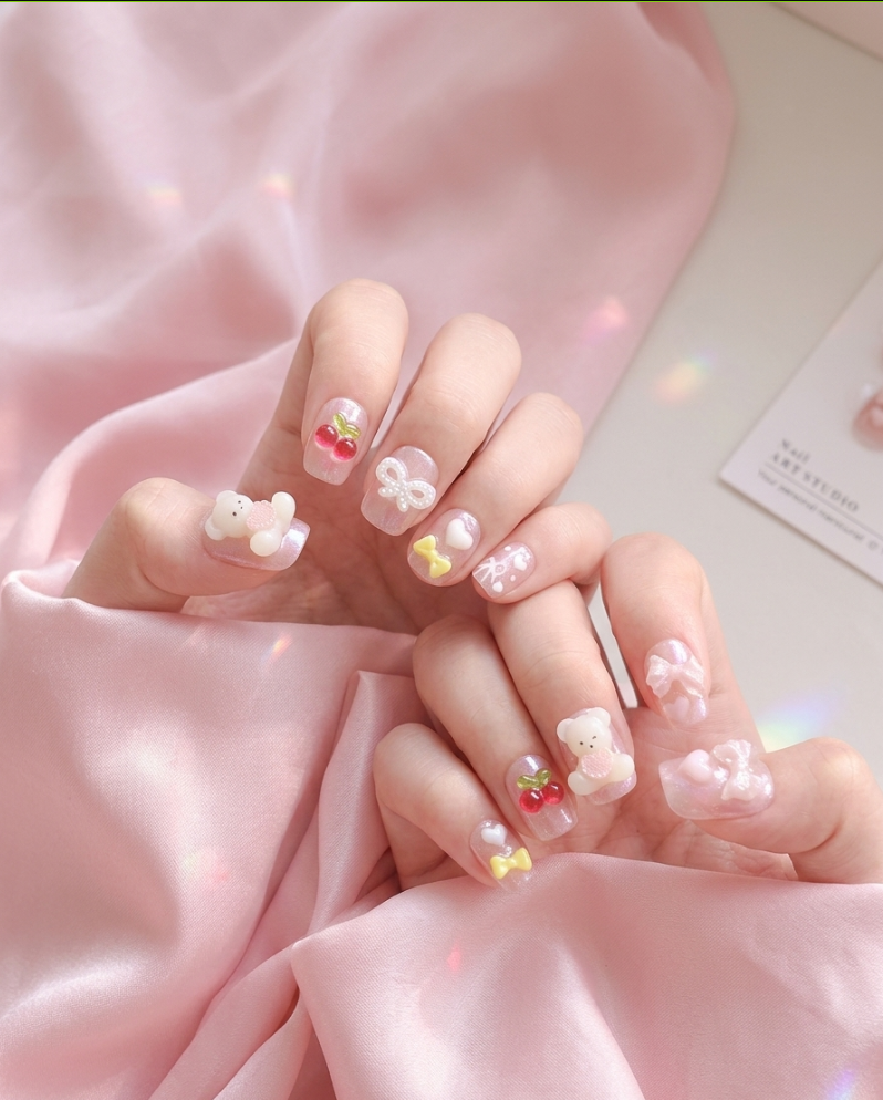 Handmade 3D Pink Teddy Press-On Nails No.2