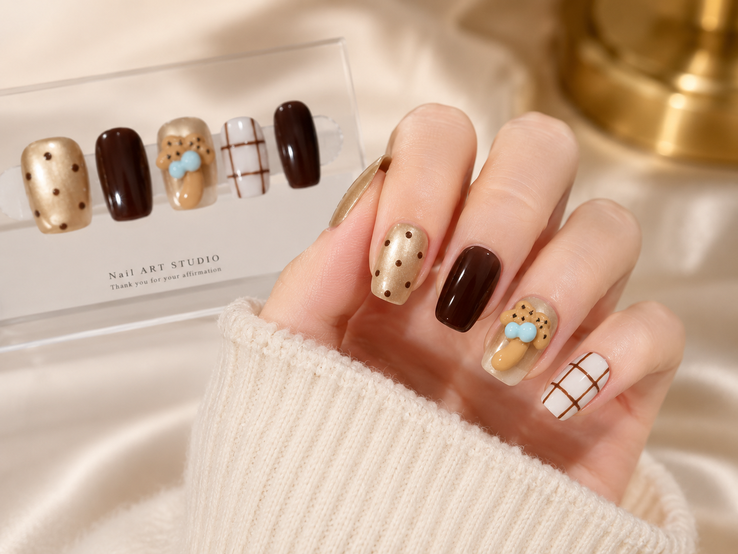 Handmade 3D Mocha Teddy Press-On Nails No.1