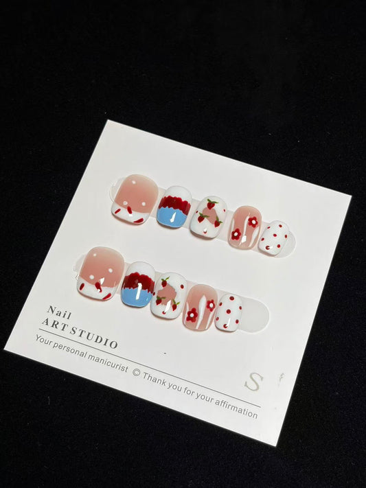 Strawberry & Floral Polka Dot | Short Square Press-Ons No.7