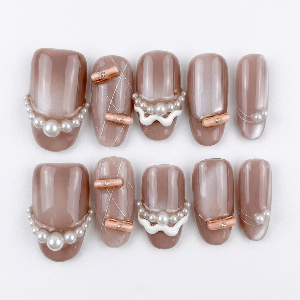 Handmade Pearl Accent Press On Nails, Medium Length Bridal Set