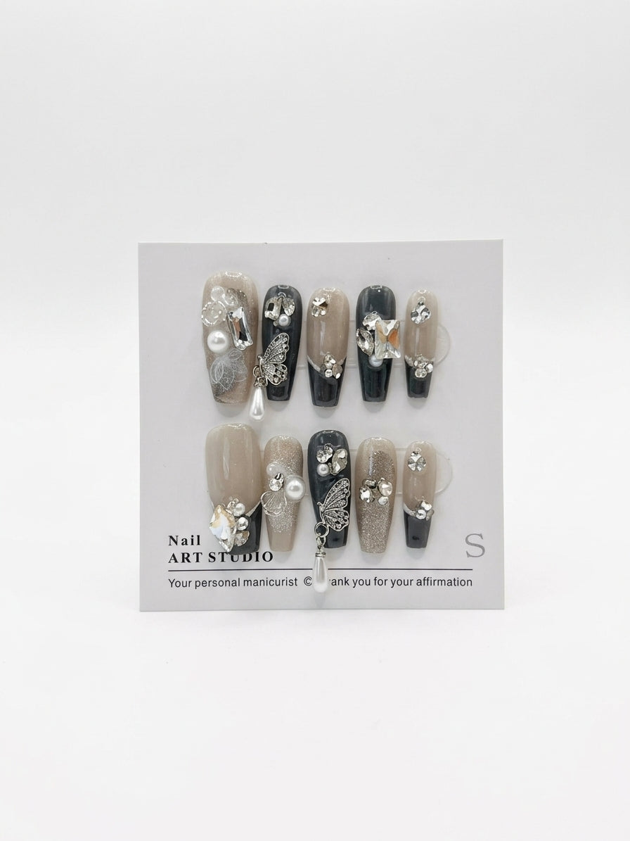 Faux ongles à presser ornés de strass faits main : Faux ongles en acrylique de luxe noirs nude, petite taille