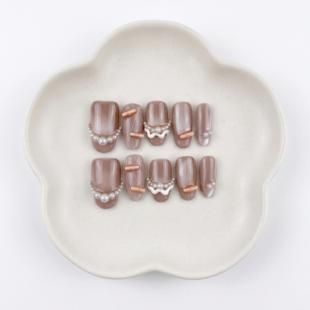 Handmade Pearl Accent Press On Nails, Medium Length Bridal Set