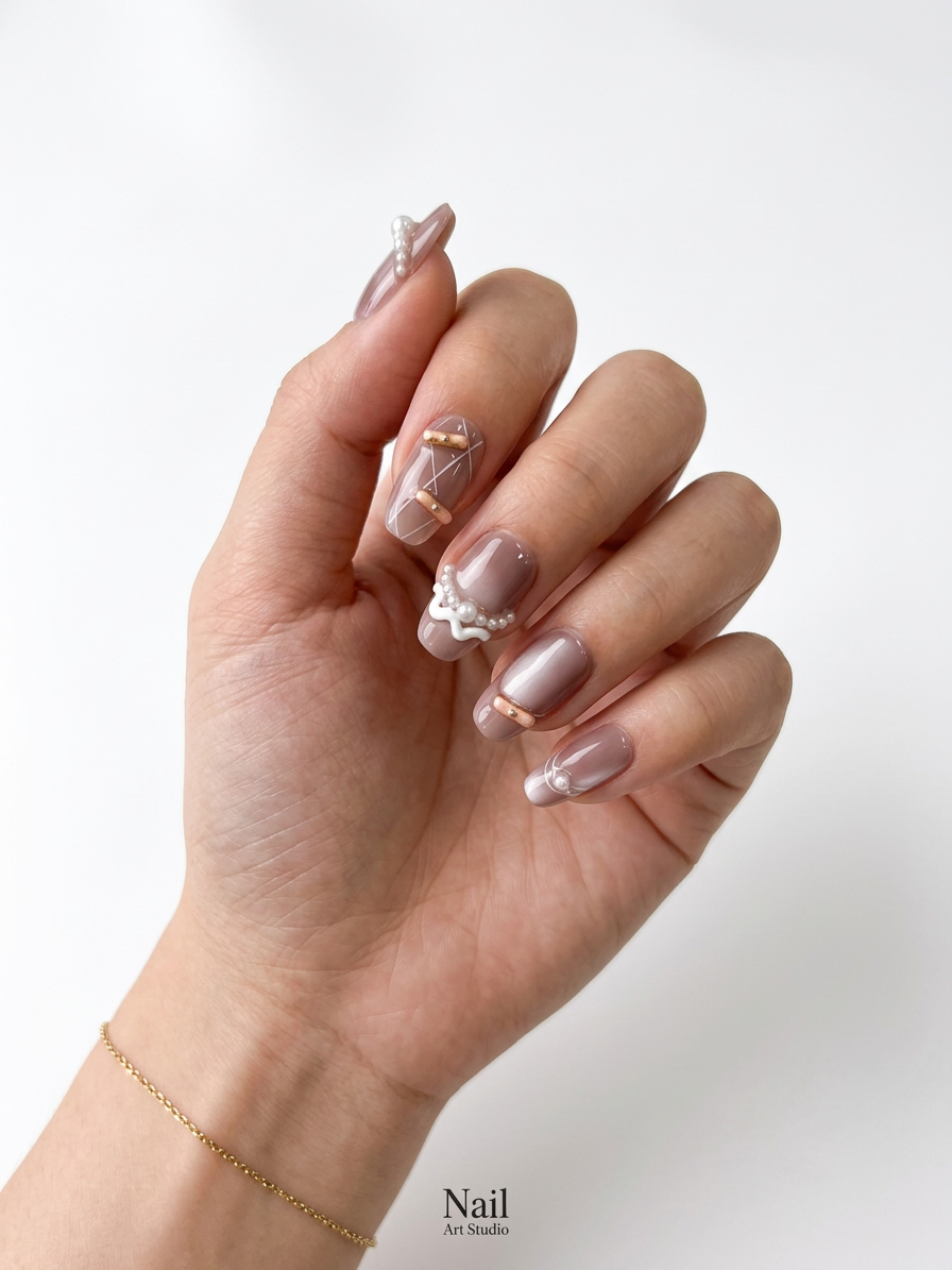 Handmade Pearl Accent Press On Nails, Medium Length Bridal Set