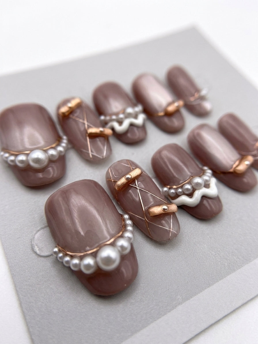 Handmade Pearl Accent Press On Nails, Medium Length Bridal Set