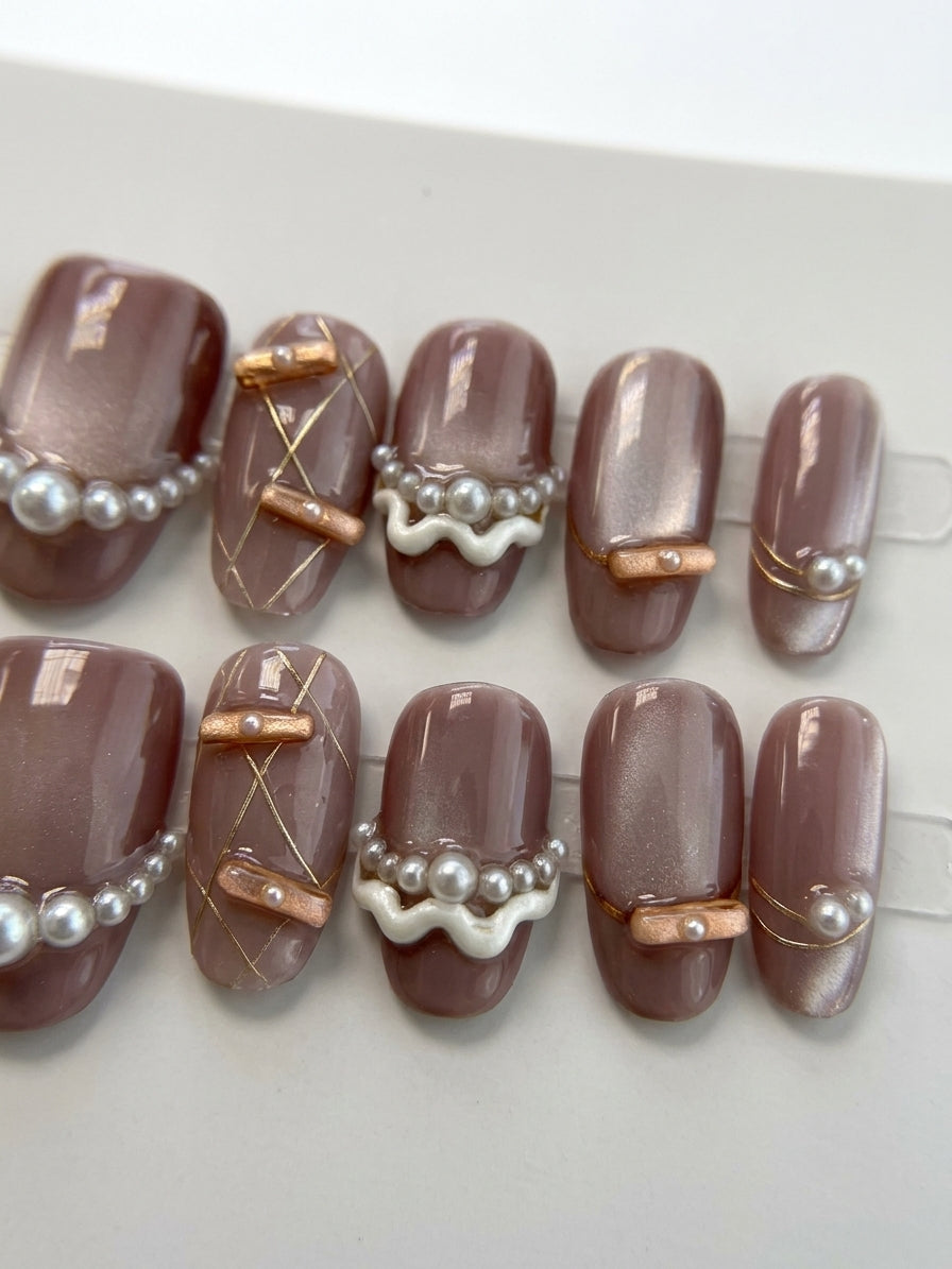 Handmade Pearl Accent Press On Nails, Medium Length Bridal Set