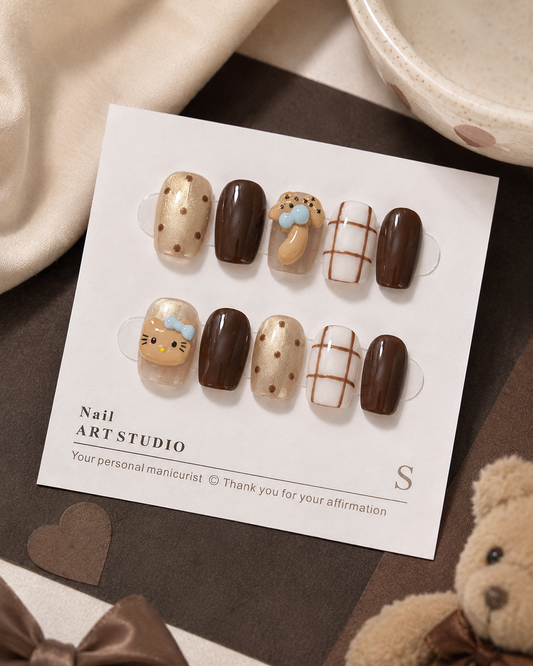Handmade 3D Mocha Teddy Press-On Nails No.1